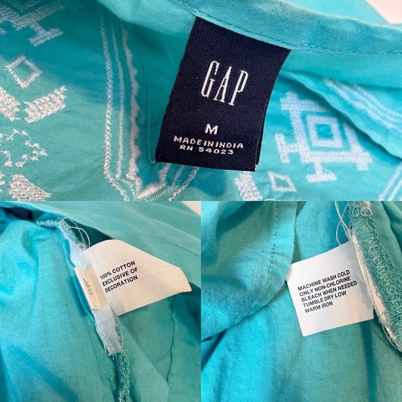 GAP 100% Cotton Embroidered Turquoise V-Neck Long Sleeve Women’s Med. Tunic Top - Picture 10 of 11